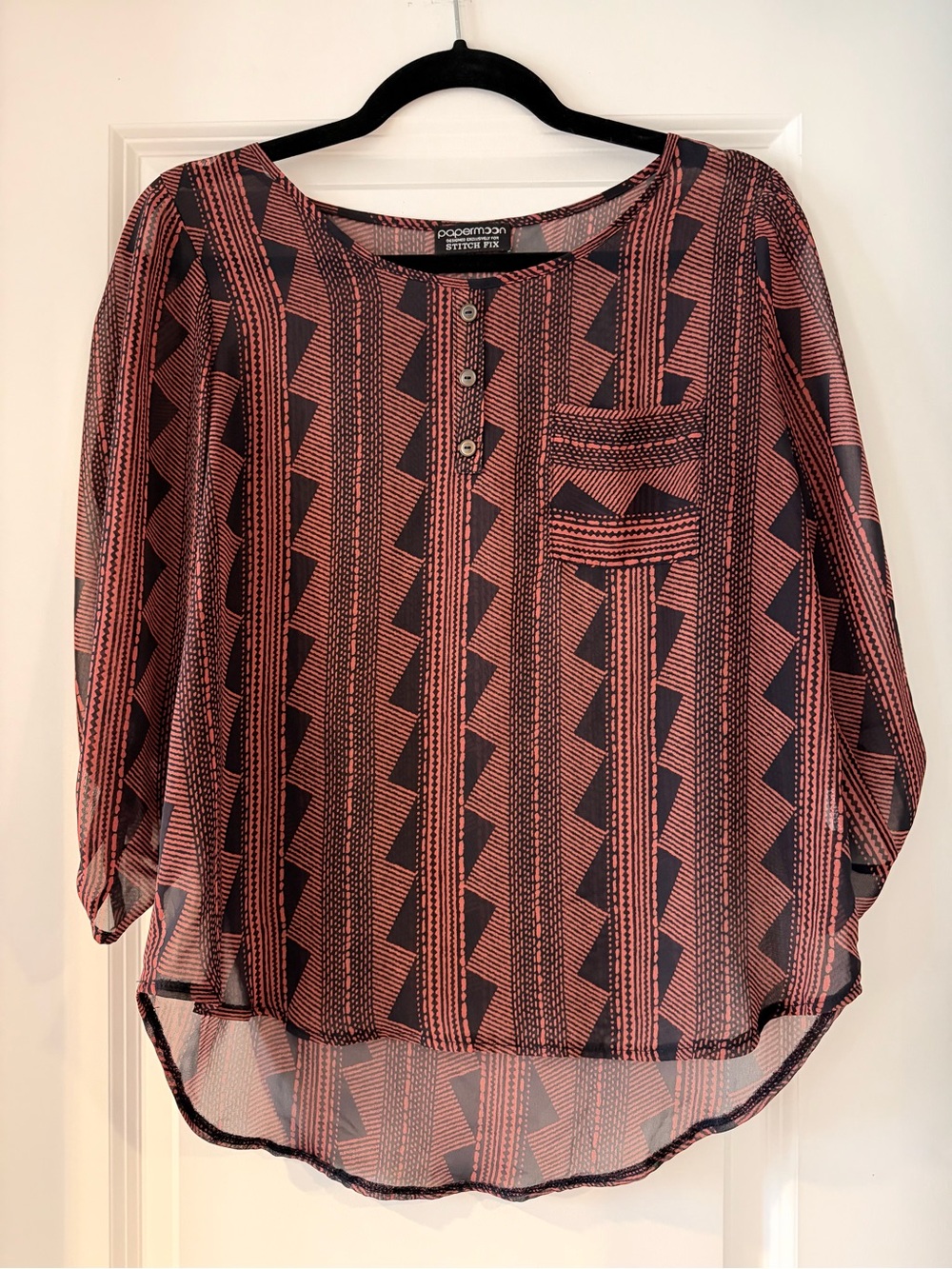 Orange and Navy Geometric Sheer Button Blouse